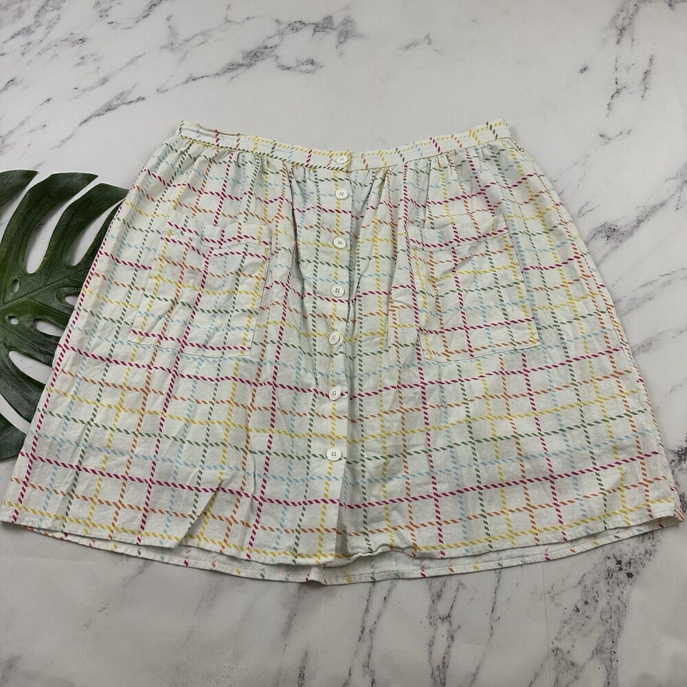 Modcloth A-Line Retro Skirt Size 18 White Rainbow Plaid Button Front Pockets
